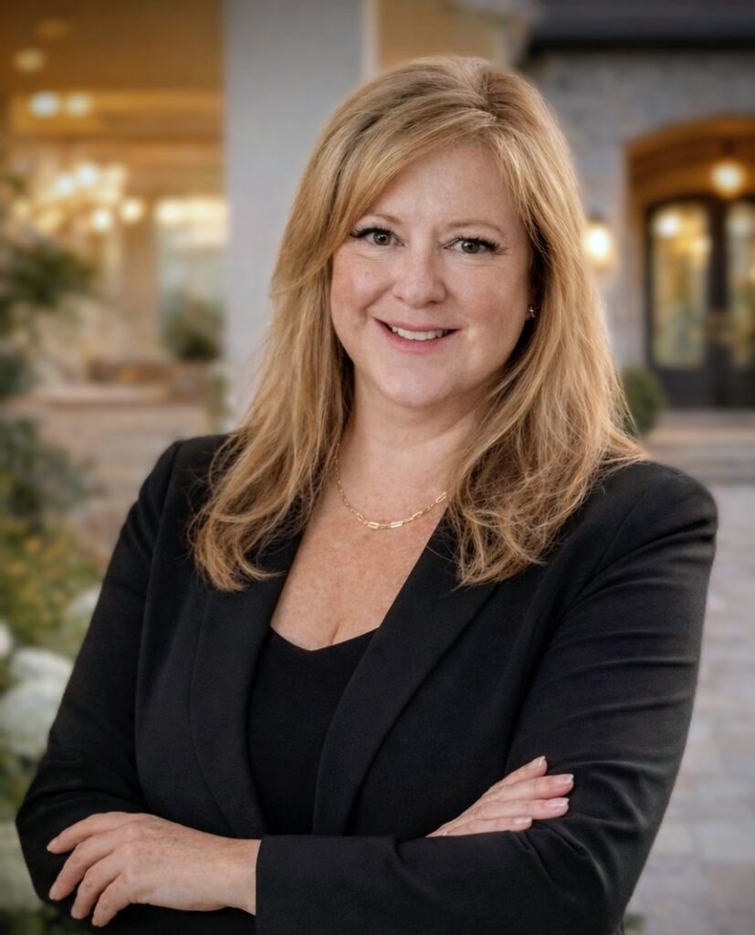 A woman with long blonde hair, wearing a black blazer and gold necklace, stands outside with her arms crossed, smiling at the camera.