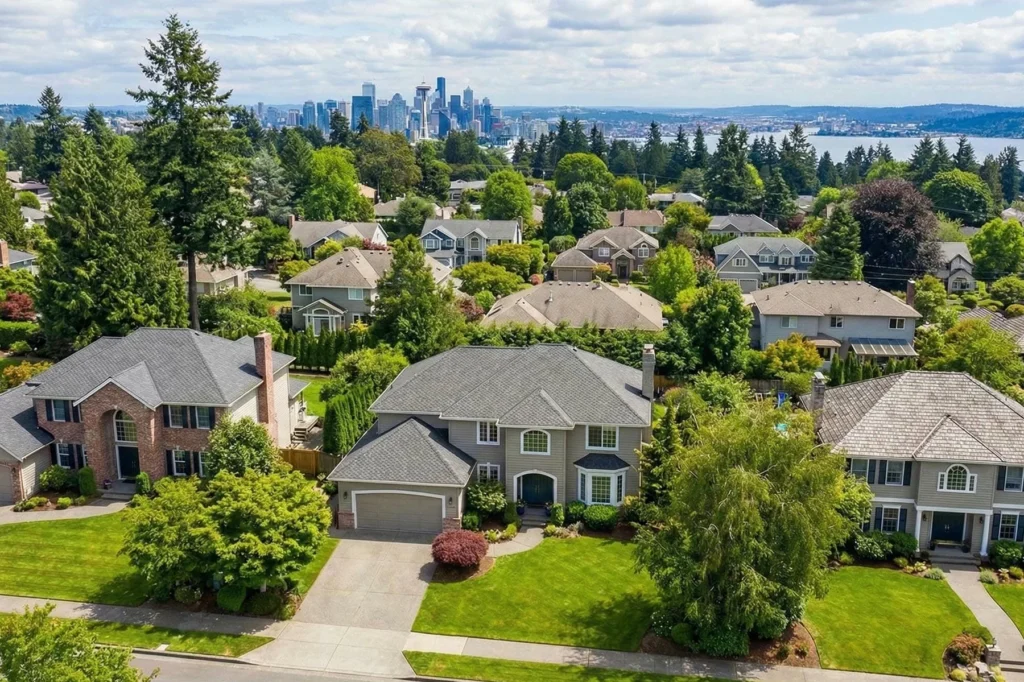 Aerial view of a suburban neighborhood with houses, green lawns, and trees, with a city skyline and a body of water visible in the background under a partly cloudy sky.
