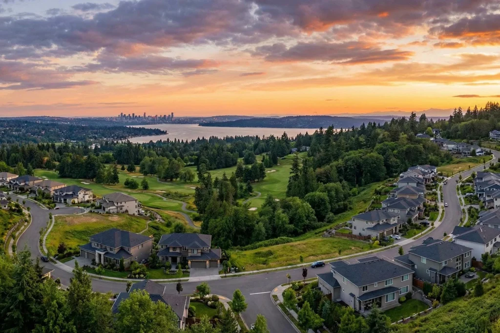 Aerial view of a suburban neighborhood with houses, winding roads, trees, a golf course, and a distant city skyline at sunset.