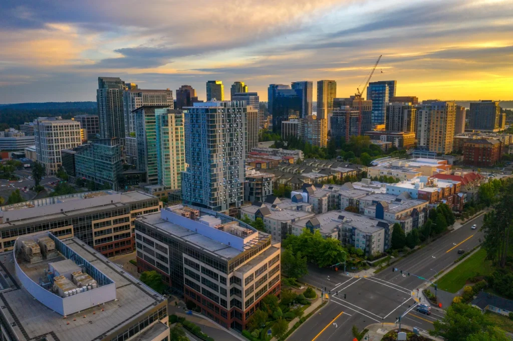 Aerial view of a modern cityscape with high-rise buildings, residential areas, and a few trees at sunset.