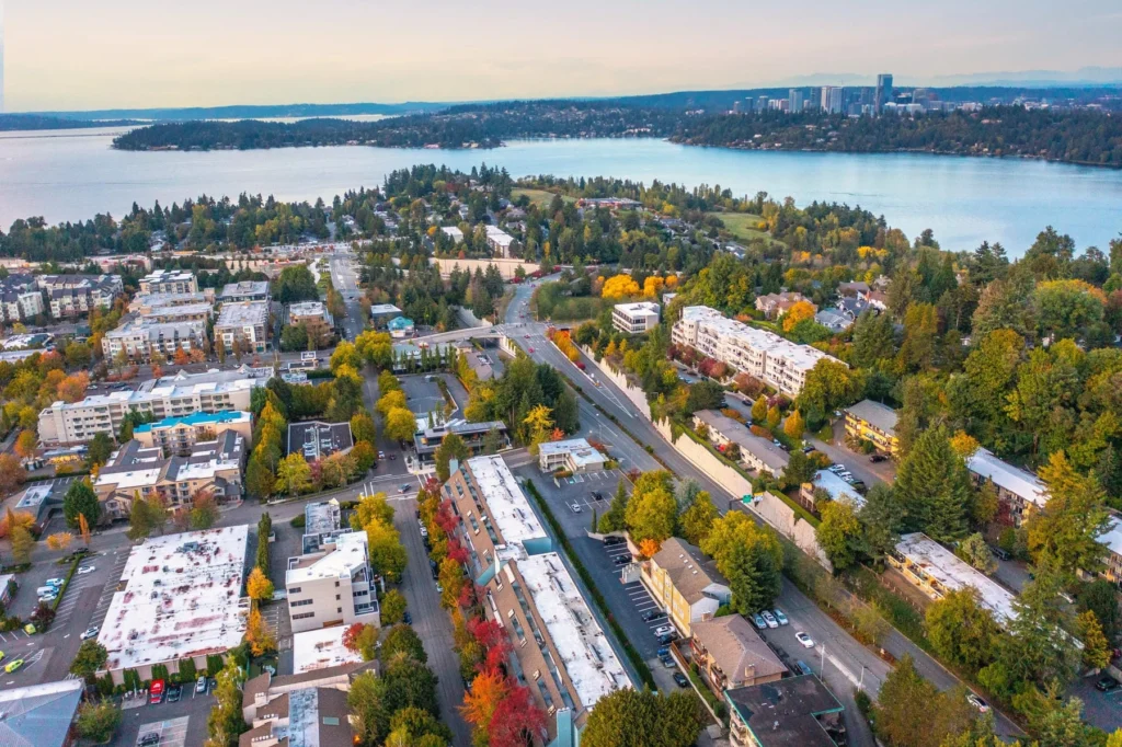 Aerial view of a suburban neighborhood with tree-lined streets, apartment buildings, and a lake in the background under a clear sky.