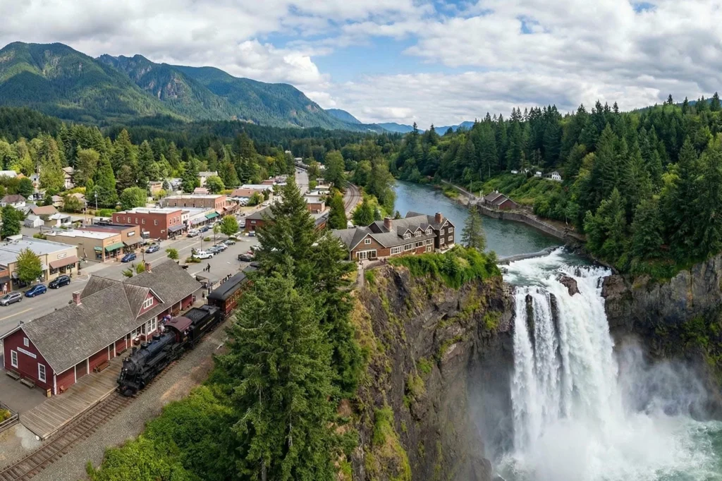 A waterfall cascades near a small town with a train station, historic train, river, and surrounding forested mountains under a partly cloudy sky.
