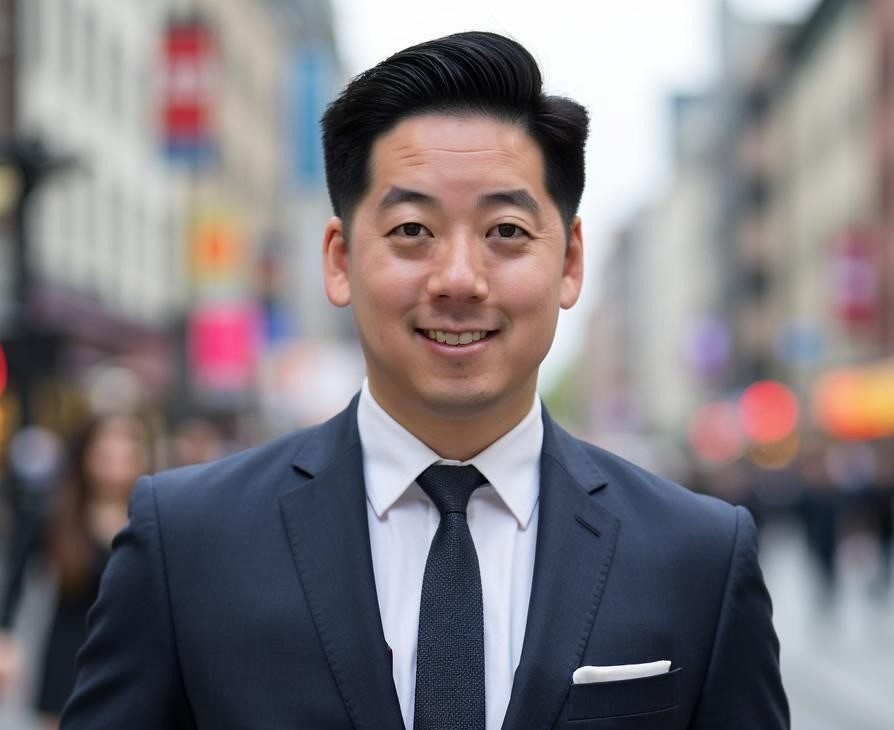 A man in a dark suit and tie stands outdoors on a city street with blurred buildings and people in the background.