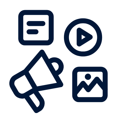 Simple icons of a megaphone, a text box, a play button, and an image, representing different types of media content.