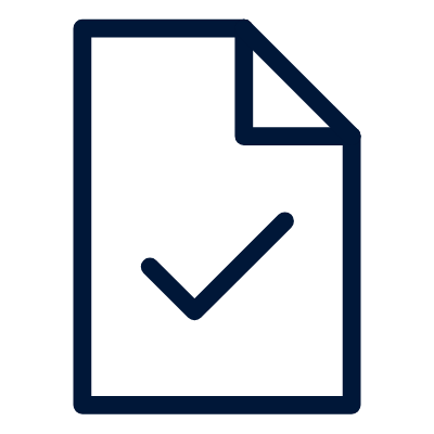 A simple line drawing of a document with a large checkmark in the center, indicating approval or completion.
