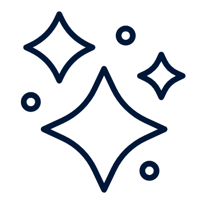 Simple line drawing of three diamond-shaped sparkles and three small circles on a light background.