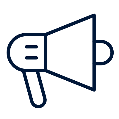 Outline icon of a megaphone facing right, shown on a light background.