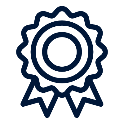 Simple line drawing of an award ribbon or badge with two tails, commonly used to represent achievement or quality.