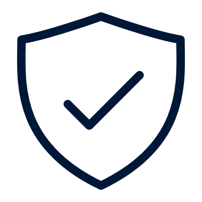 A simple black outline of a shield with a check mark in the center, symbolizing security or protection, on a light background.