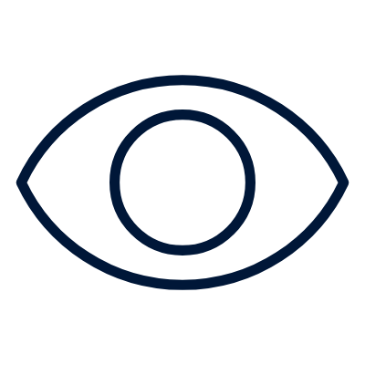 A simple black outline of an eye with a circular iris, displayed on a light gray background.