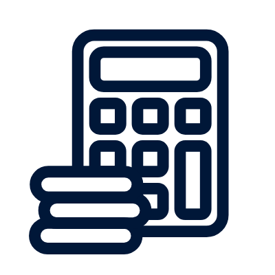 Outlined icon of a calculator with three coins in front of it, representing finance, accounting, or budgeting.