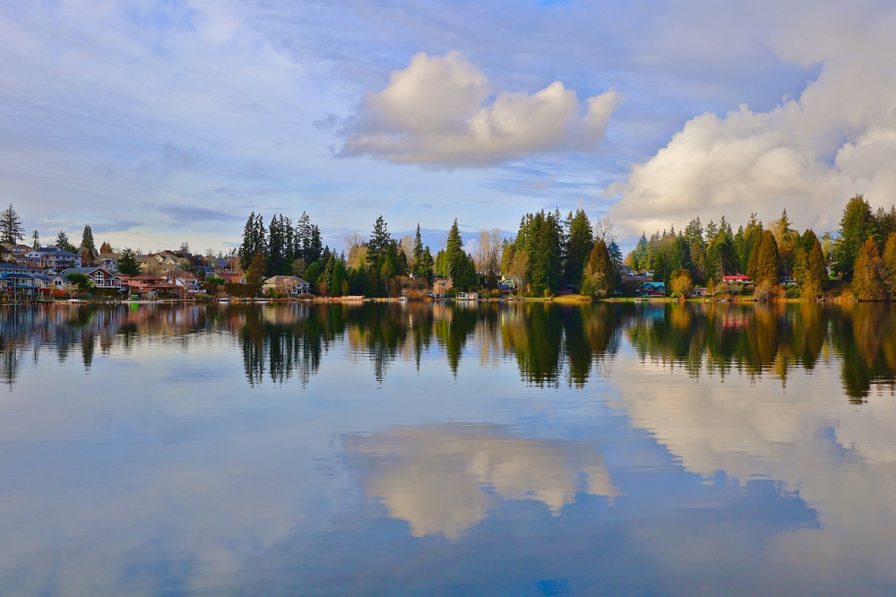 Calm lake with clear reflections of trees, houses, and clouds on the water, under a partly cloudy sky.