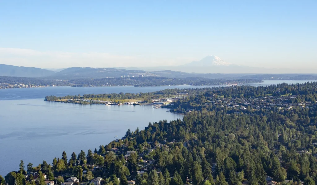 Aerial view of a large lake bordered by green forests and residential areas, with mountains and a snow-capped peak visible in the distant background under a clear sky.