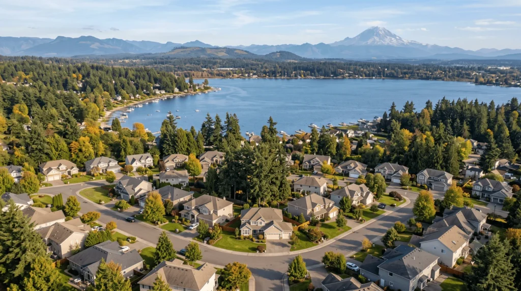 Aerial view of a suburban neighborhood with houses, trees, a lake, and mountains in the background on a clear day.