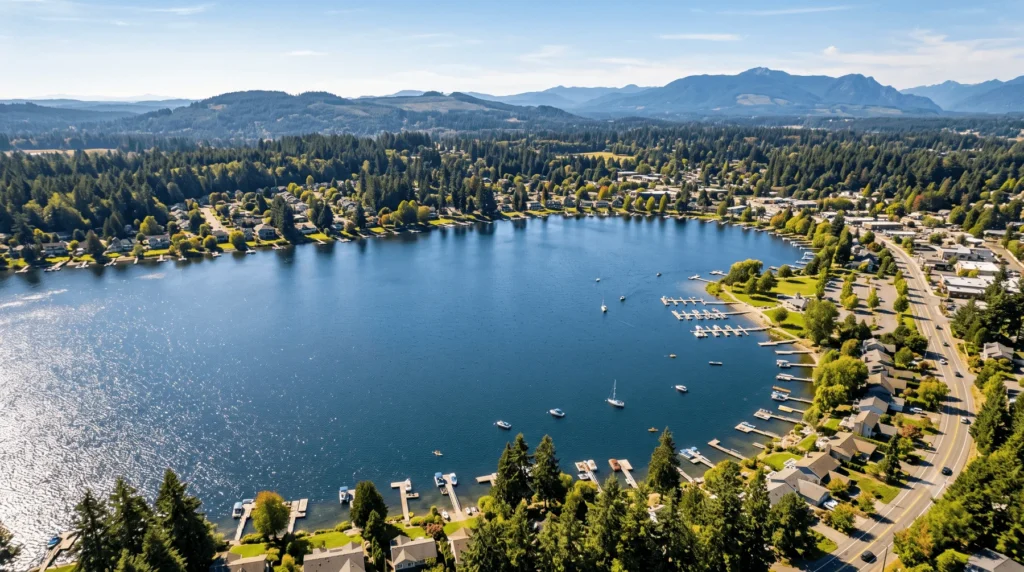 Aerial view of a round lake surrounded by houses, docks, boats, trees, and a road, with mountains visible in the background under a clear sky.
