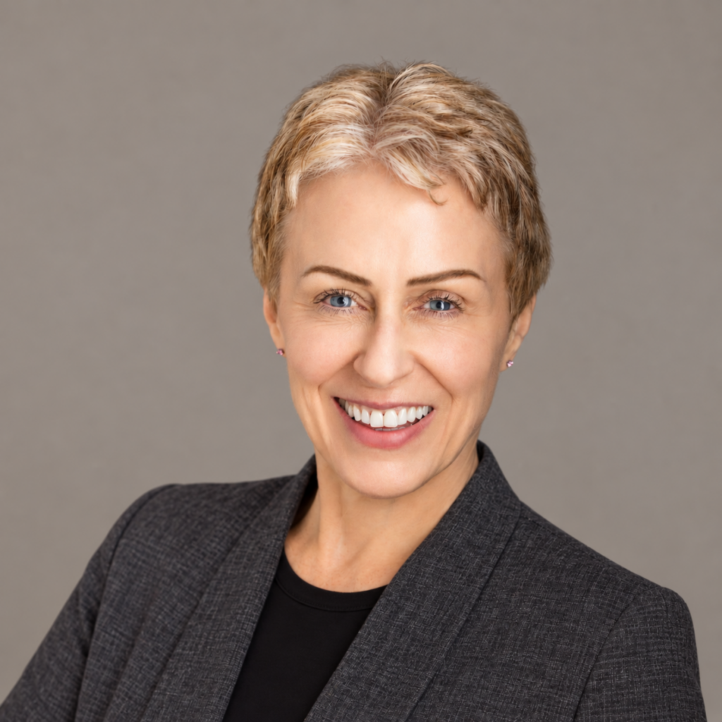 A middle-aged woman with short blonde hair smiling in a grey blazer.